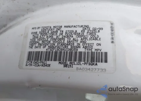 1999 Toyota Sienna Le z USA, uszkodzony, nr VIN 4T3ZF13C9XU138059